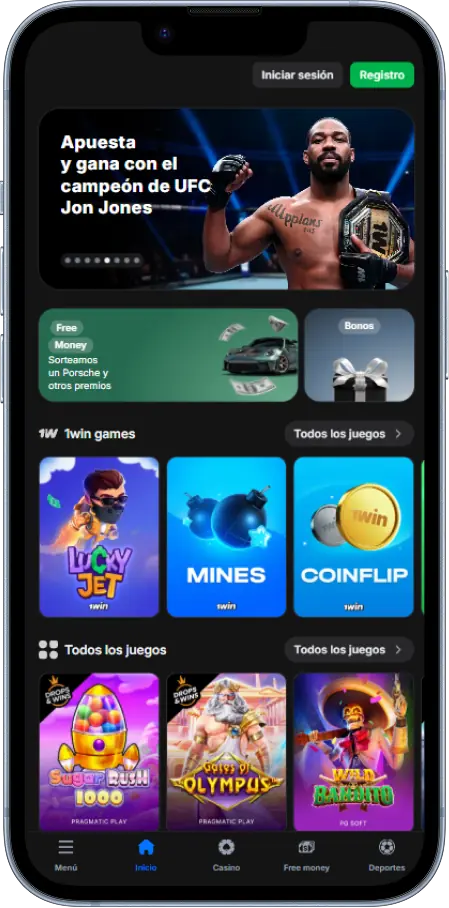 La pantalla principal de la aplicación móvil 1win